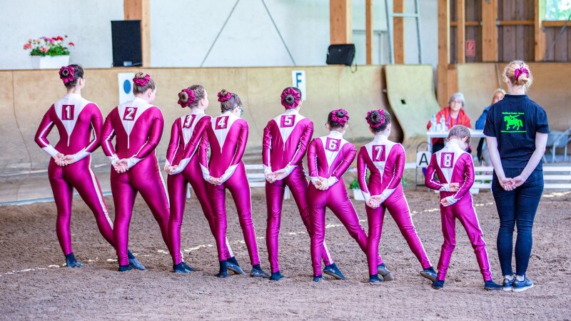 The photo shows Judith Sonnenschein's vaulting group lined up together with their coach before the competition. Everyone is wearing a pink suit and standing very elegantly. 