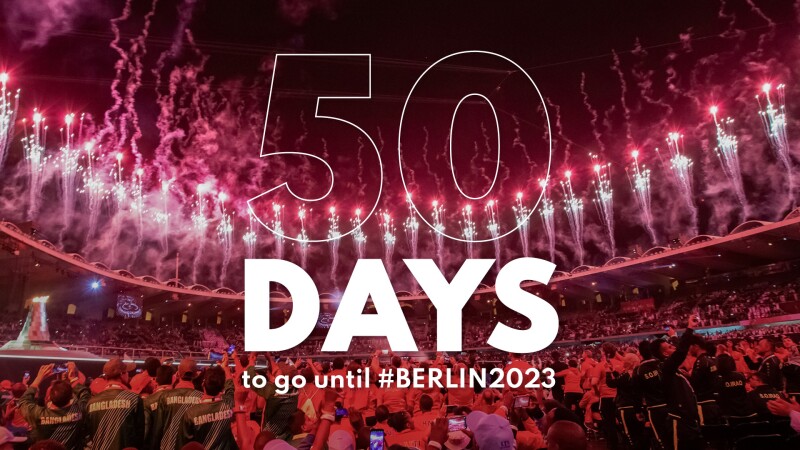 There are many people and fireworks in the photo. And the lettering 50 days to go until #Berlin2023