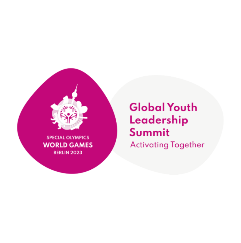 Die Grafik besteht aus den Logo der Weltspiele und zusätzlich ein Text mit "Global Youth Leadership Summit "