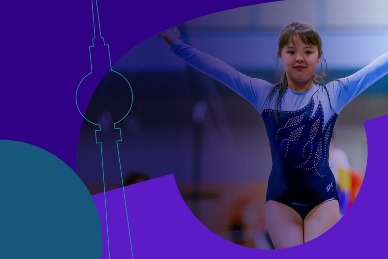 Die Grafik beinhaltet mehrere Logoelemente des Logos der Nationalen Spielen Berlin 2022. Außerdem ist ein Foto von einer Turnerin hinzugefügt.