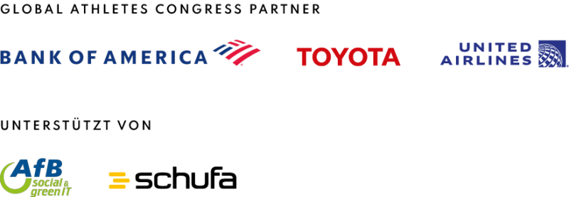 Die Logoleiste zeigt alle Partner und Unterstützer des Global Athletes Congress: Bank of America, Toyota, United Airlines sowie AfB und Schufa.