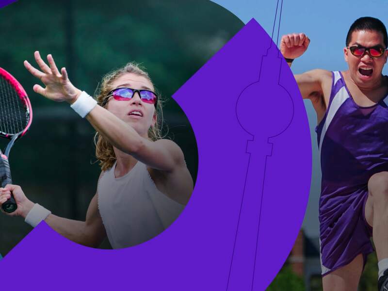 Die Grafik ist zusammengesetzt aus zwei Fotos und darauf aus mehreren bunten Elementen des Berlin 2022 Logos. Ein Bild zeigt eine Tennisspielerin, das andere einen Weitspringer.