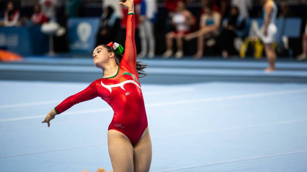 Das Bild zeigt eine Athletin der Rhythmischen Sportgymnastik bei ihrer Übung.