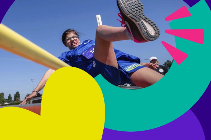 The image is a mix of a photo of a high jumper in action and colorful graphic elements. The elements are part of the World Games logo and are playfully placed on the image, making it look colorful and cheerful.