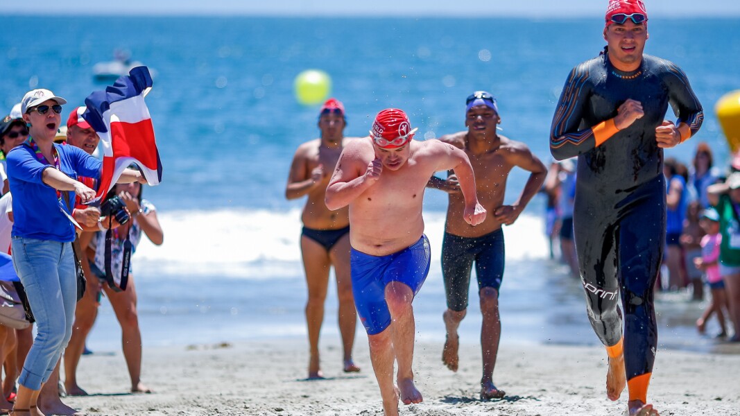 Das Foto zeigt einige Triathleten, die gerade aus dem Wasser steigen. Das Publikum jubelt und schwenkt Flaggen.