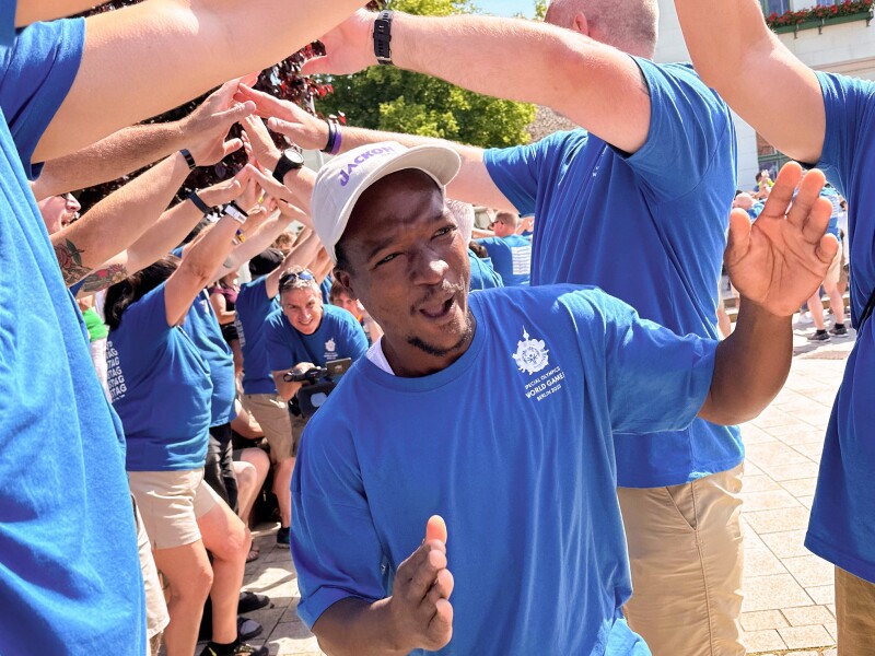 The photo shows some delegation members from Syria visibly having fun together during the Host Town Program.