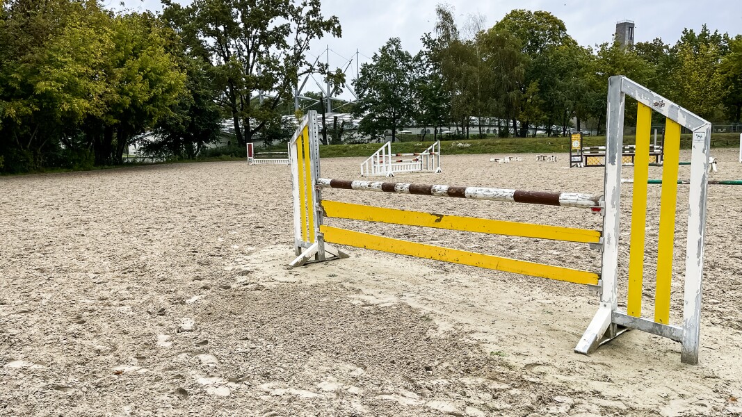 Das Foto zeigt einen Hindernisparcours für das Springreiten im Freien. Der Untergrund ist sandig und im Hintergrund ist das Horst-Korber-Sportzentrum sichtbar.