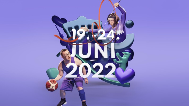 Das Bild ist eine Mischung aus Grafiken und Fotos, die zusammen mit dem Schriftzug "19.-24. Juni 2022" das Motiv der Eventkampagne der Nationalen Spiele ergeben. Die Fotos zeigen eine Athletin und einen Athlet, die Grafiken sind Logoelemente wie der Berliner Bär in verschiedenen Lilatönen.