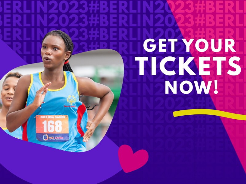 The image is a colorful graphic that says "Get your tickets now!". There is also a photo of a sprinter inserted in the middle.