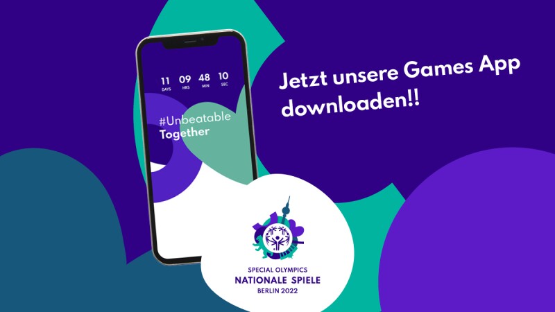 Die Grafik besteht aus verschiedenen Logo-Elementen der Nationalen Spiele. Darauf ist ein Handy abgebildet und daneben steht "Jetzt unsere Games App downloaden!!".