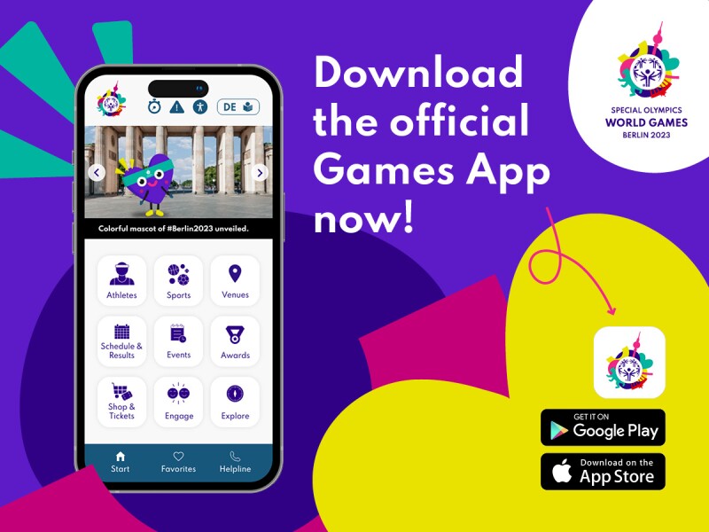 The graphic shows a cell phone with the Berlin 2023 App on display. Next to it it is written "Download the official Games App now!" on a colorful background.