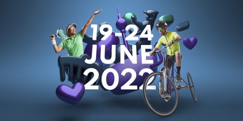 The image is a mixture of graphics and photos, which together with the lettering "19 - 24 June 2022" make up the motif of the National Games event campaign. The photos show a female and a male athlete doing their sports, the graphics are logo elements like the Berlin Bear in different shades of purple.