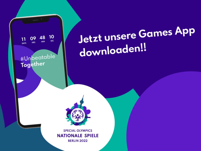 Die Grafik besteht aus verschiedenen Logo-Elementen der Nationalen Spiele. Darauf ist ein Handy abgebildet und daneben steht "Jetzt unsere Games App downloaden!!".