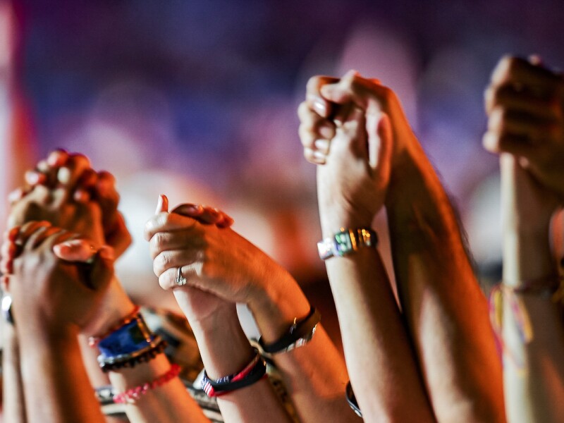 The photo shows many people holding hands.