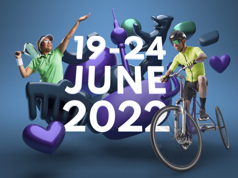 The image is a mixture of graphics and photos, which together with the lettering "19 - 24 June 2022" make up the motif of the National Games event campaign. The photos show a female and a male athlete doing their sports, the graphics are logo elements like the Berlin Bear in different shades of purple.