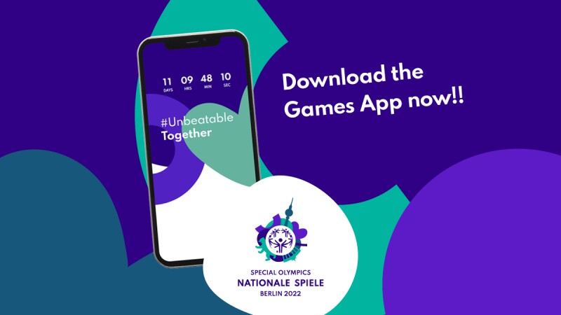 The graphic consists of various National Games logo elements. On it is a cell phone and next to it, it says"Download the Games App now!!".