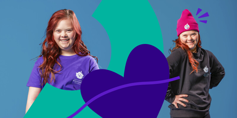 The image is a mixture of two photos and colorful graphic logo elements. The photos show our model Julie presenting various merchandise items while smiling happily.