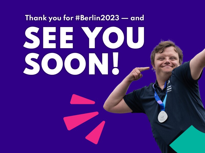 The image is a mix of colorful graphic elements of the World Games logo and a photo of an athlete looking happy during a Madal ceremony. Inside the image is a line that says "Thank you for #Berlin2023 —  and see you soon!".