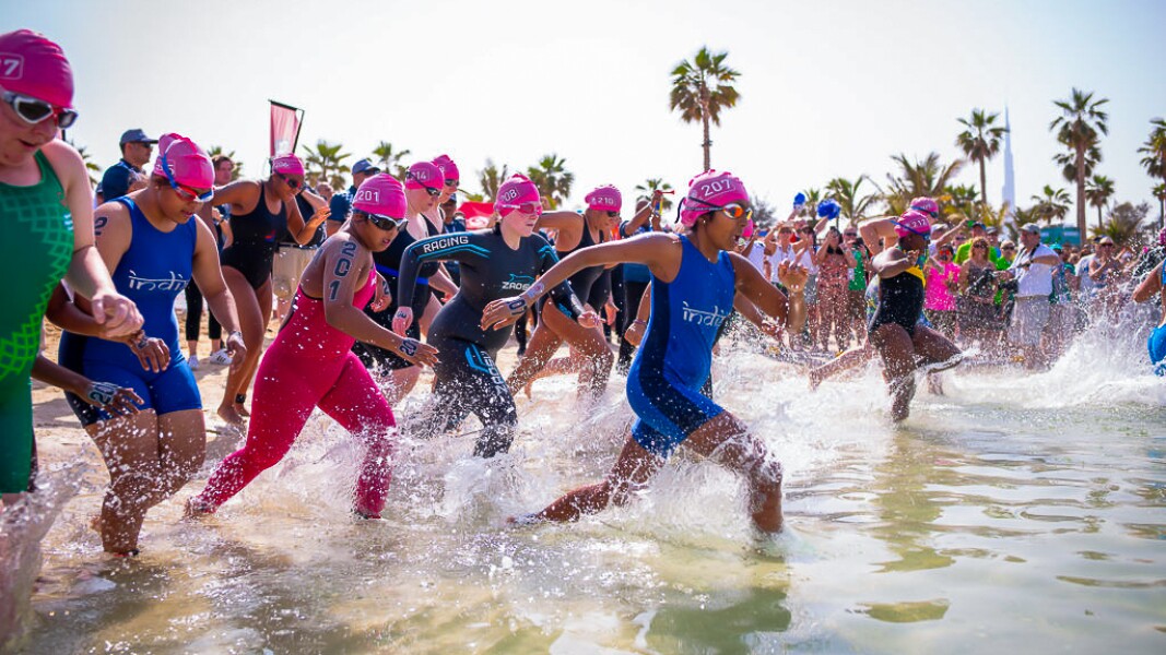 Das Foto zeigt die Startszene beim Freiwasserschwimmen, während der eine Menge Athletinnen in das Wasser laufen.