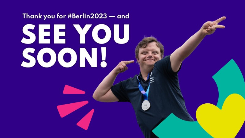 The image is a mix of colorful graphic elements of the World Games logo and a photo of an athlete looking happy during a Madal ceremony. Inside the image is a line that says "Thank you for #Berlin2023 — and see you soon!".