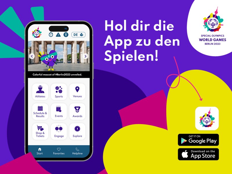 Die Grafik zeigt ein Handy, auf dem die Berlin 2023 App geöffnet ist. Daneben steht "Hol dir die App zu den Spielen!" auf einem farbenfrohen Hintergrund.