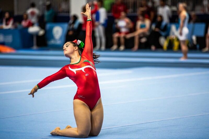 A photo of a female athlete during her Gymnastics-Rhythmic competition.