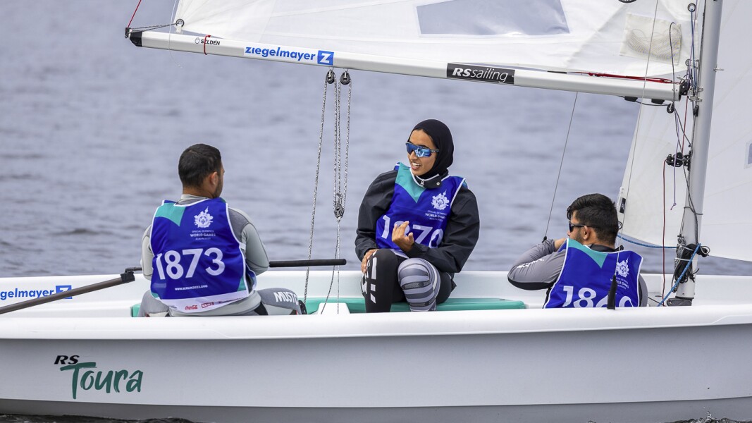 Sailors from the United Arab Emirates on board their boat RS Toura at Club Seglerhaus in Wannsee.