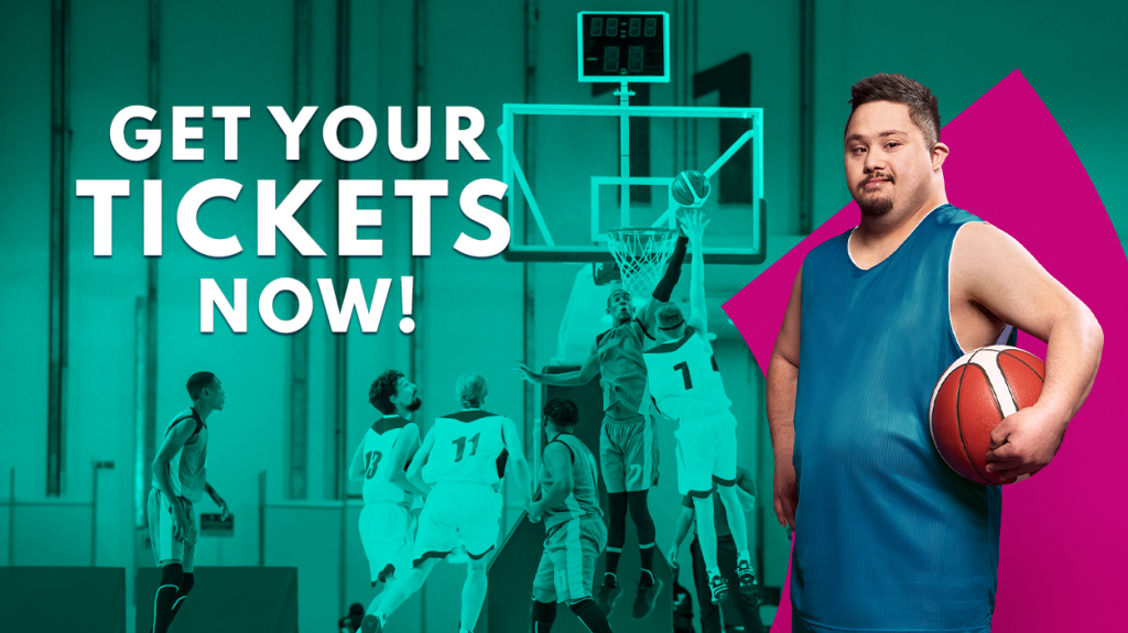 The graphic shows a basketball game action scene and on top a photo of a single basketball player proudly looking into the camera. It also says "Get your tickets now!".