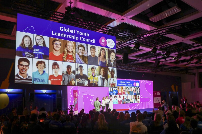 On the photo you can see the stage and a big screen at the GYLS.