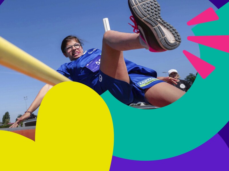 The image is a mix of a photo of a high jumper in action and colorful graphic elements. The elements are part of the World Games logo and are playfully placed on the image, making it look colorful and cheerful.