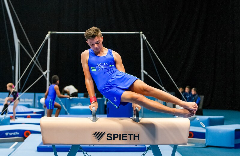 The photo shows a young athlete during his performance on the pommel horse.