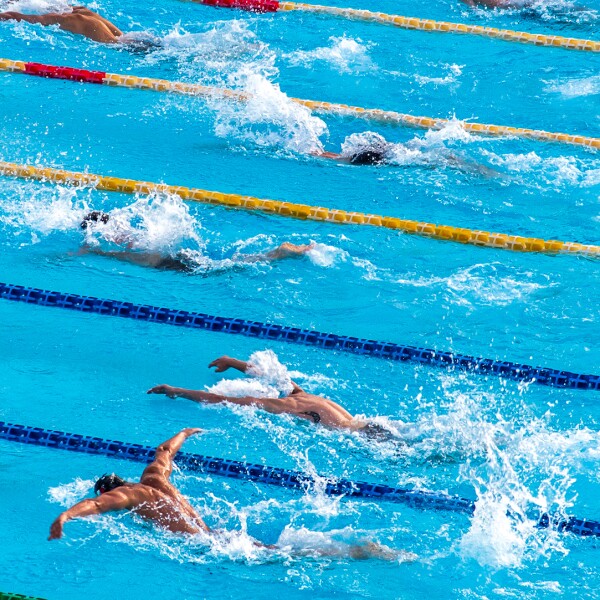 Das Foto zeigt mehrere Schwimmbahnen in einer Schwimmhalle und Menschen die schwimmen.